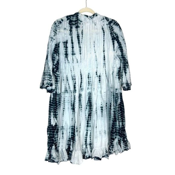 Soft Surroundings Marbella Dress XL Blue Navy Pintuck Ruffle Cotton Tie Dye boho - Picture 4 of 12